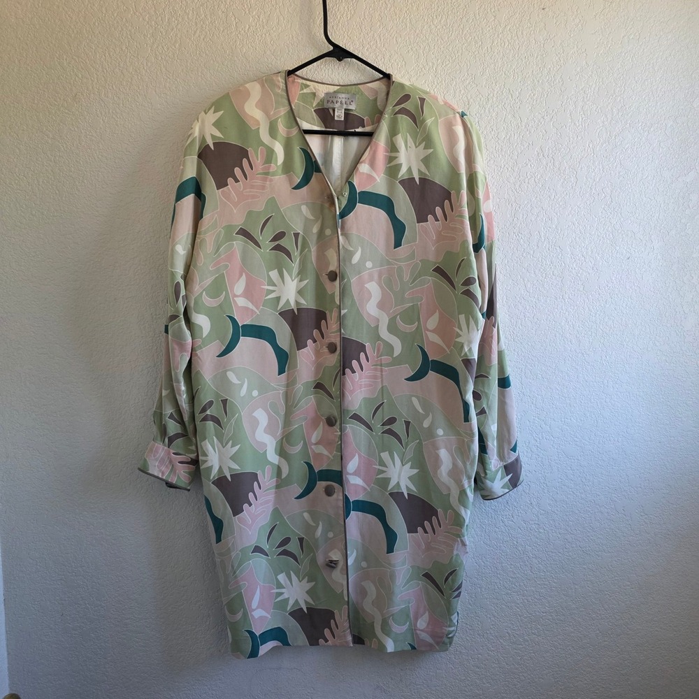 Adrianna Papell Vintage 100% Silk Abstract Print Longline Duster Jacket Size 10